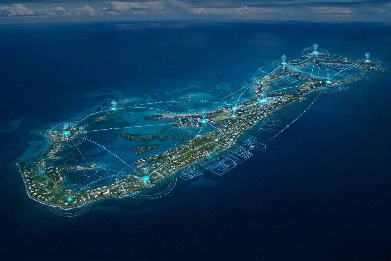 Aerial view of Bermuda with digital network connections