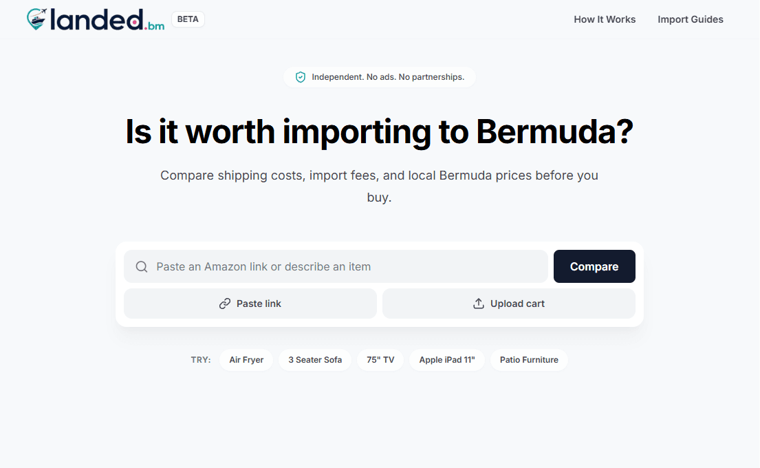 Landed.bm import decision engine homepage screenshot